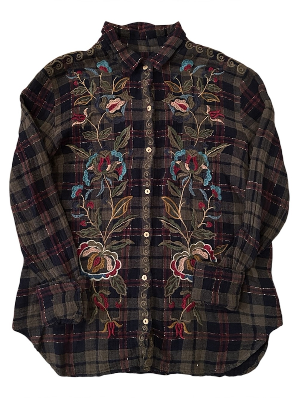 Johnny Was Women’s Size Small Dark Multicolor Floral Embroidered Button up Shirt